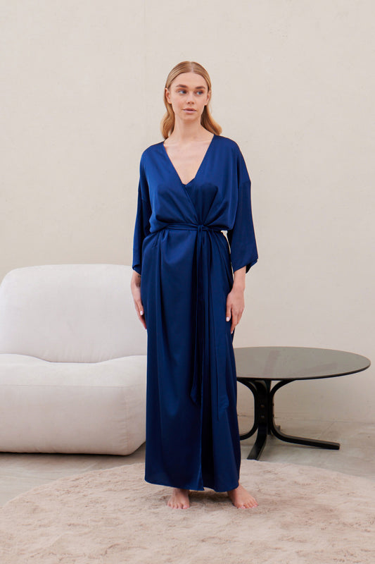 Dark blue satin robe – full-length front view