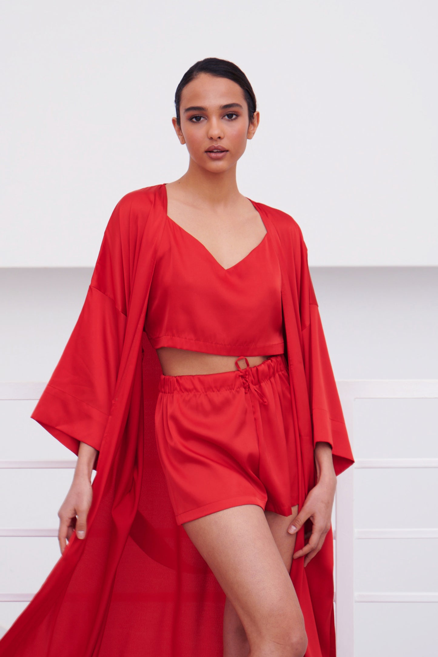 Red satin pajamas two-piece set – camisole and shorts