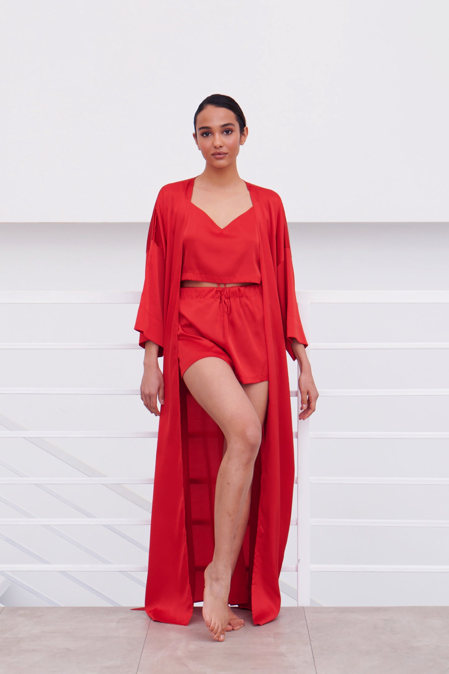 Red satin pajamas with robe – elegant loungewear look
