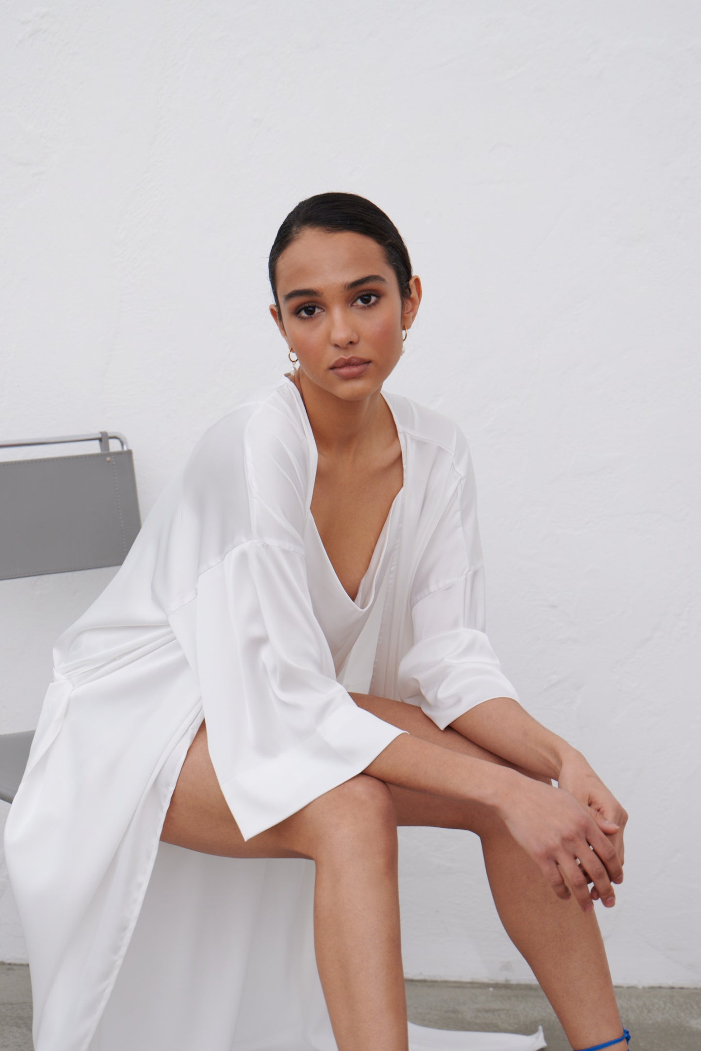 Bridal White Satin Robe – Elegant Long Kimono
