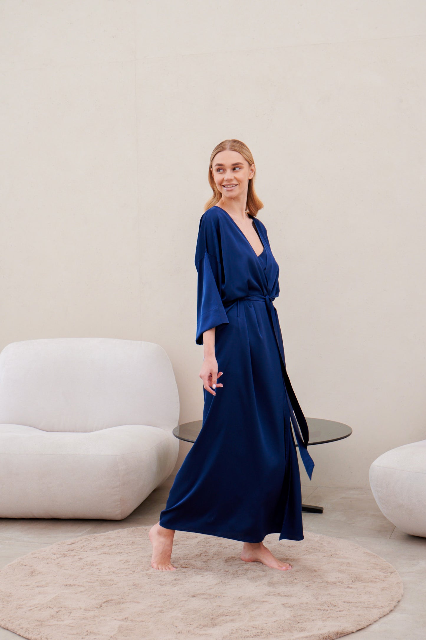 Dark blue satin robe – elegant kimono-style loungewear