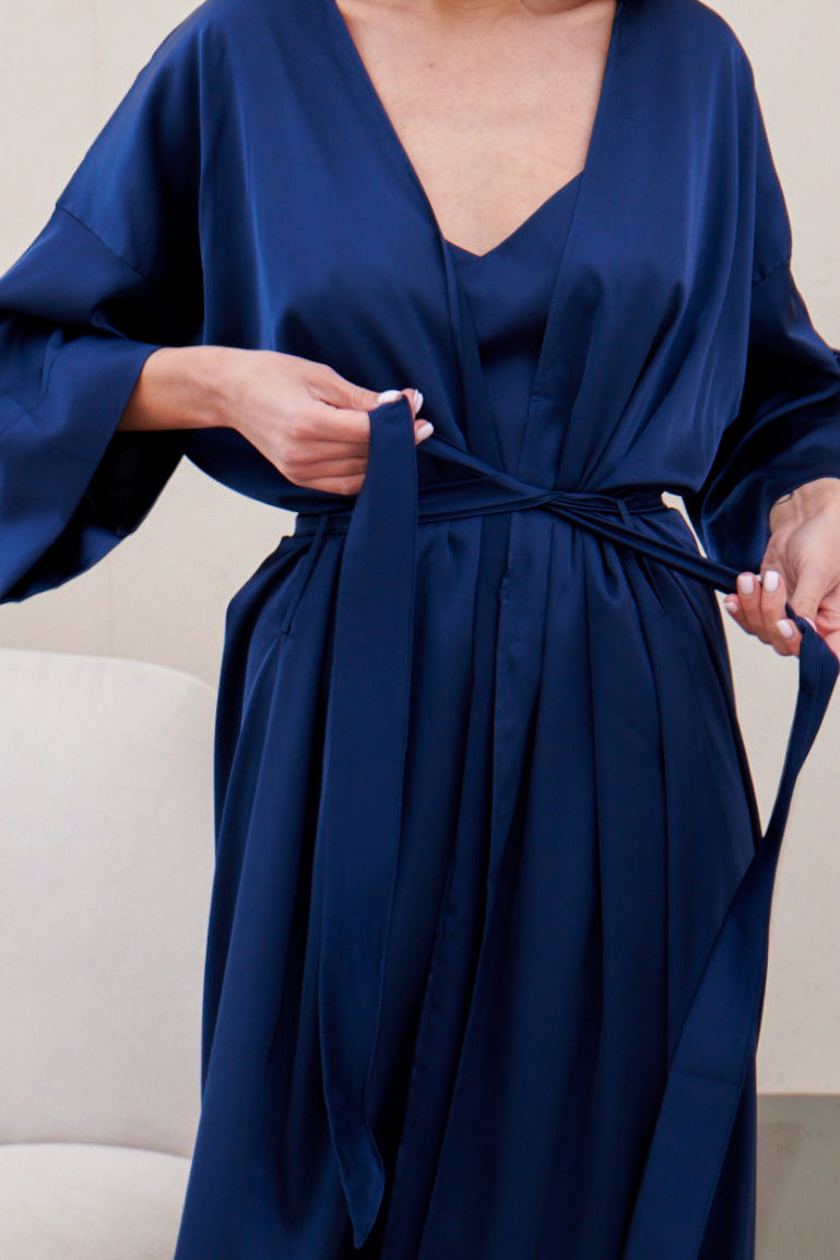 Dark blue satin robe – fabric detail close-up