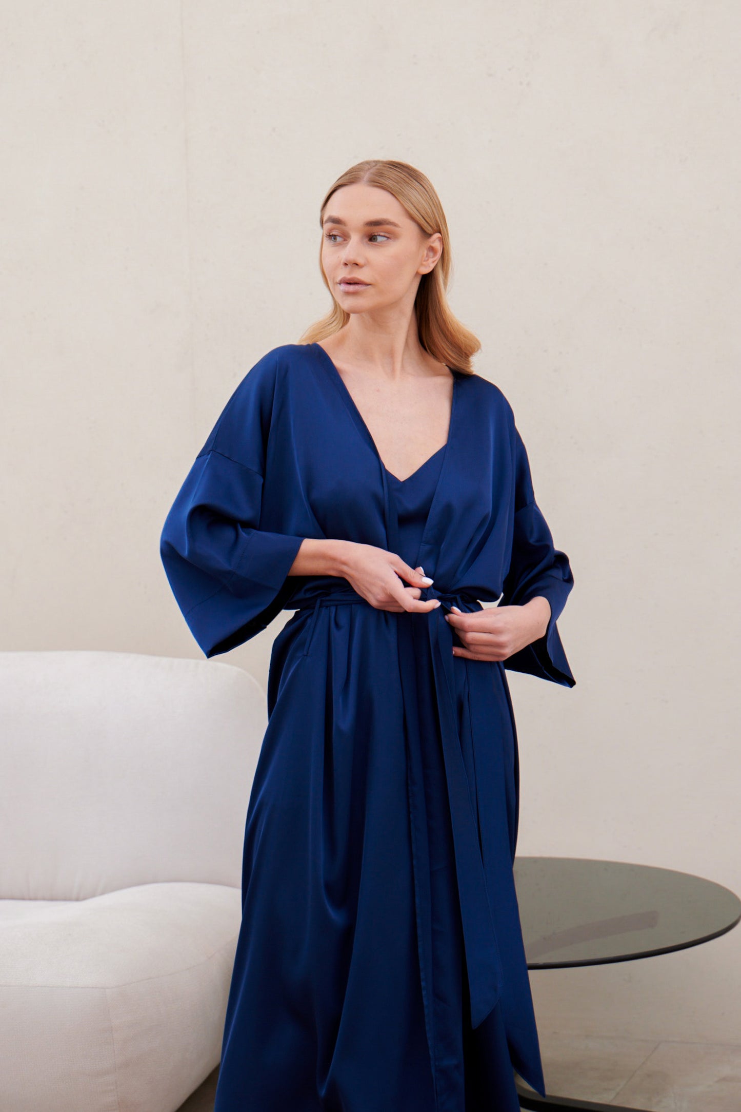 Dark Blue Satin Robe – Elegant Kimono-Style Long Loungewear