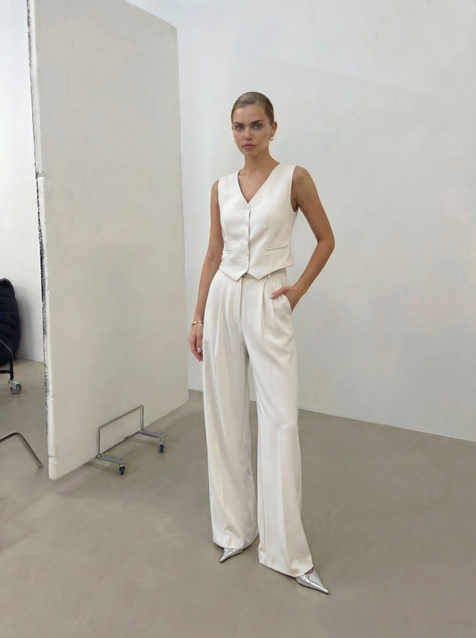 White Pants – High Rise Wide-Leg Tailored Suit Trousers