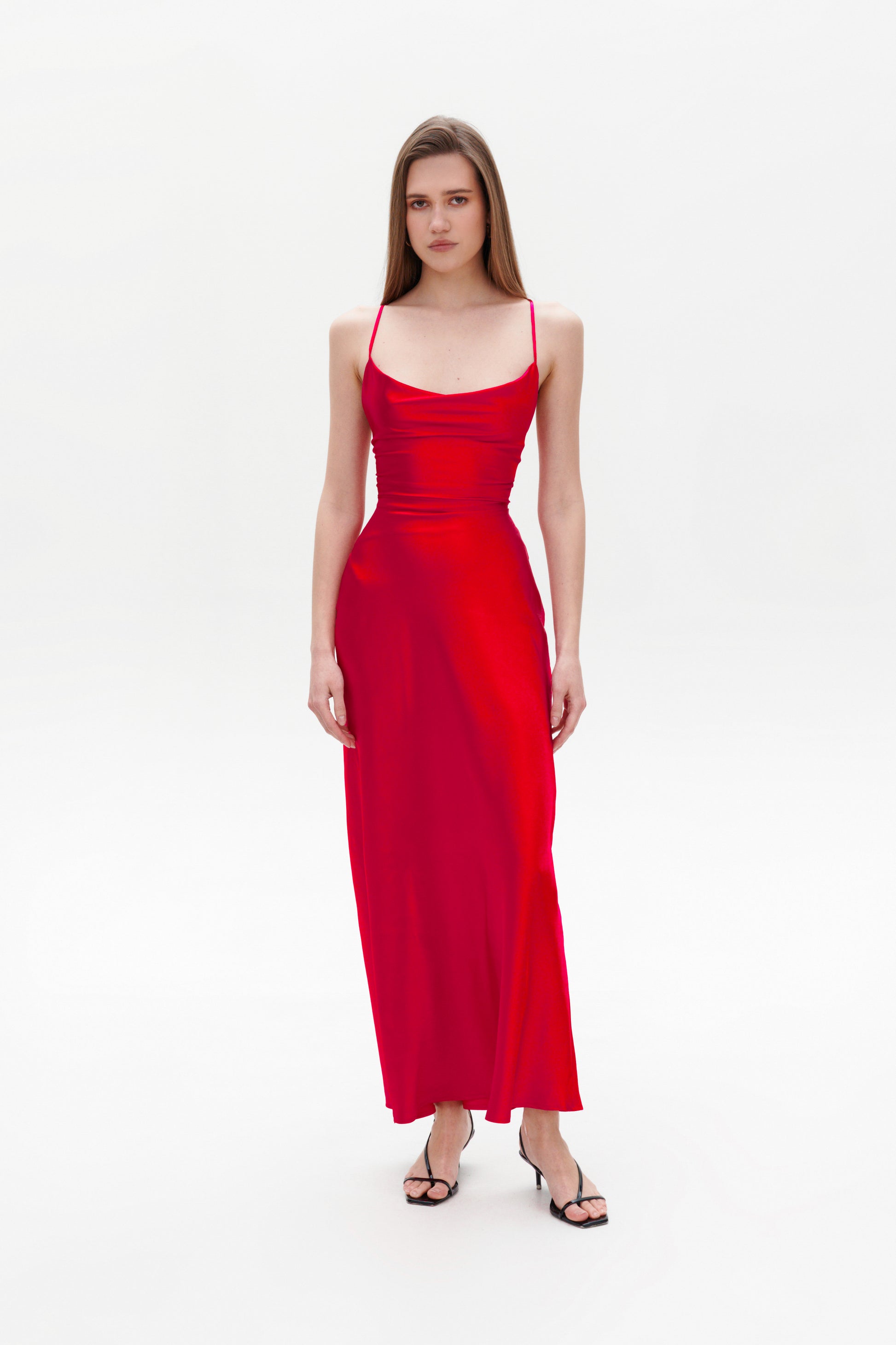 Red silk slip dress