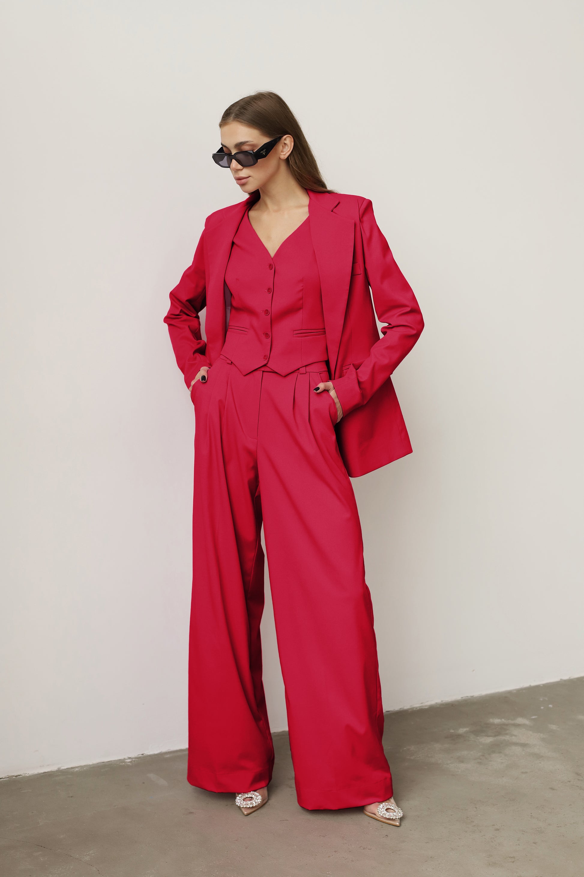 three piece red suit  