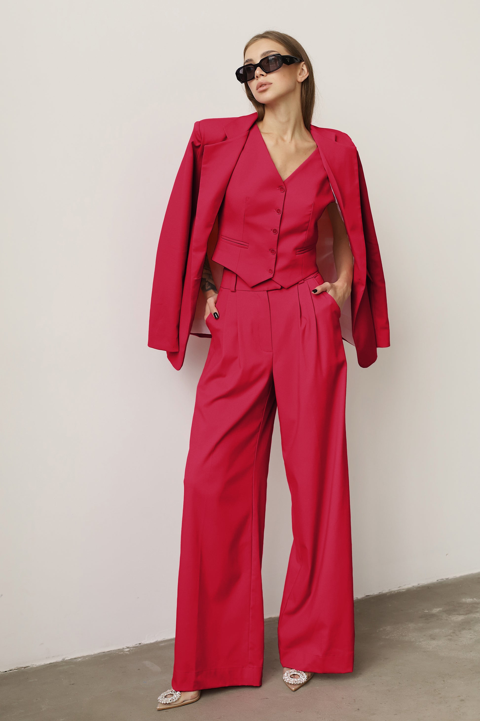 three piece red suit  